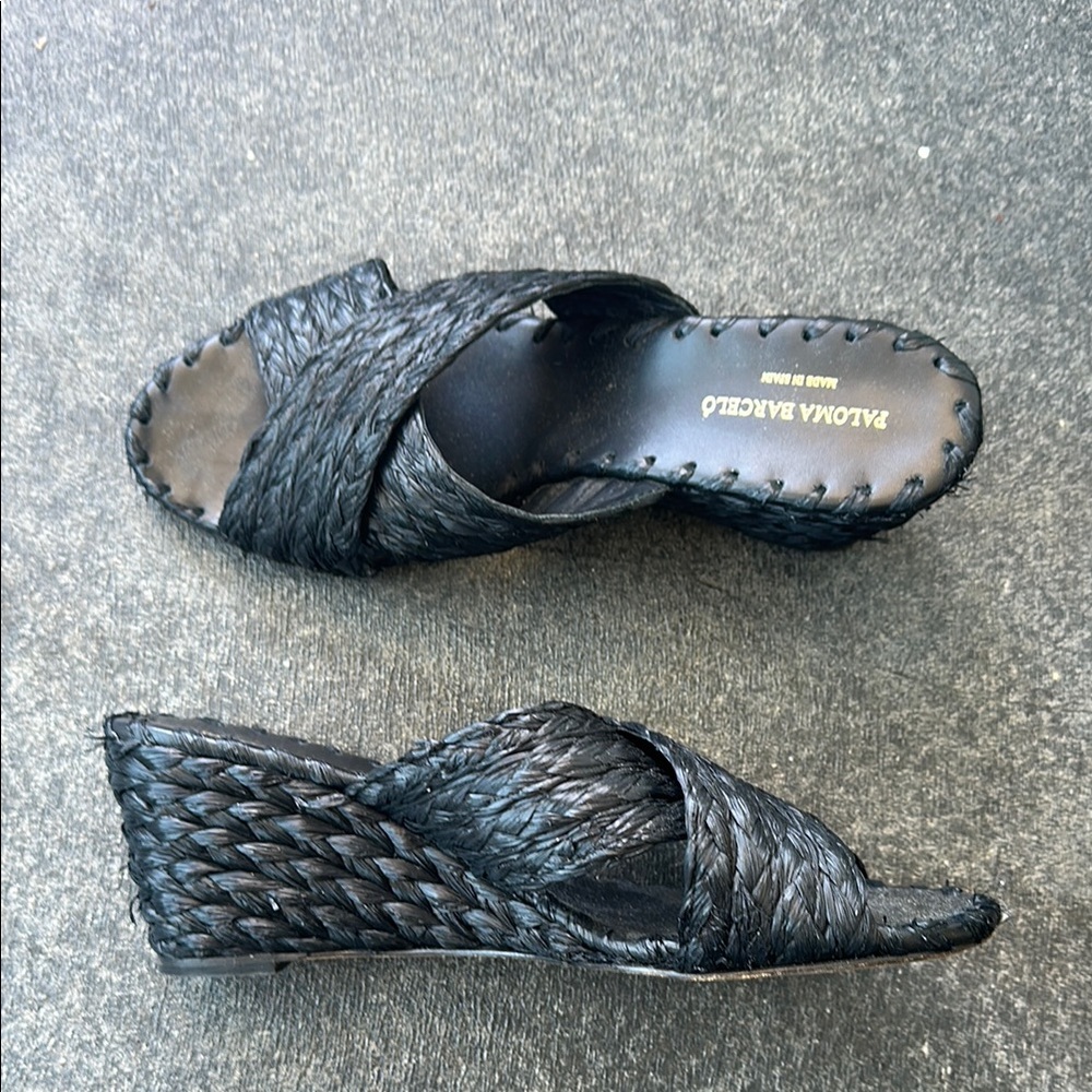 Paloma Barcelo Black Wedge Sandals with Intricate Weave